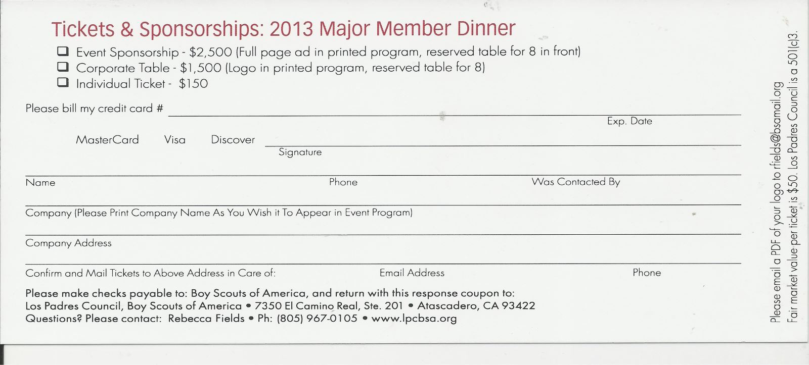 2013 Major Member Dinner Reservation Stub